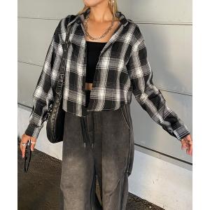 ブラウス シャツ ショート丈チェックシャツ レディース