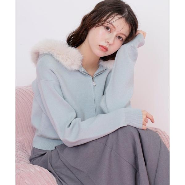 ニット セーター フェイクファー付きニットパーカー レディース
