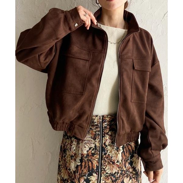 ブルゾン アウター ショート丈ジップアップスタンドネックフェイクスエードブルゾン レディース