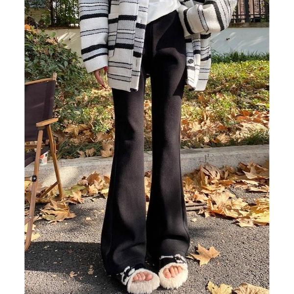 パンツ 裏起毛 セミワイド リブパンツ レディース