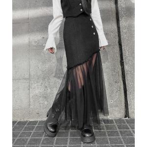 スカート 「LVEU.」シアードッキングツイードスカート / ボトムス スカート ツイード チュール 切り替え フレア ボタン シアー ロング セット