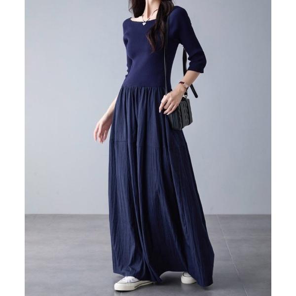 ワンピース ウエスト切替Aラインロングワンピース