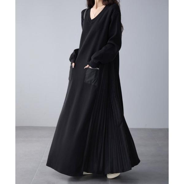 ワンピース Vネック×サイドプリーツロングワンピース
