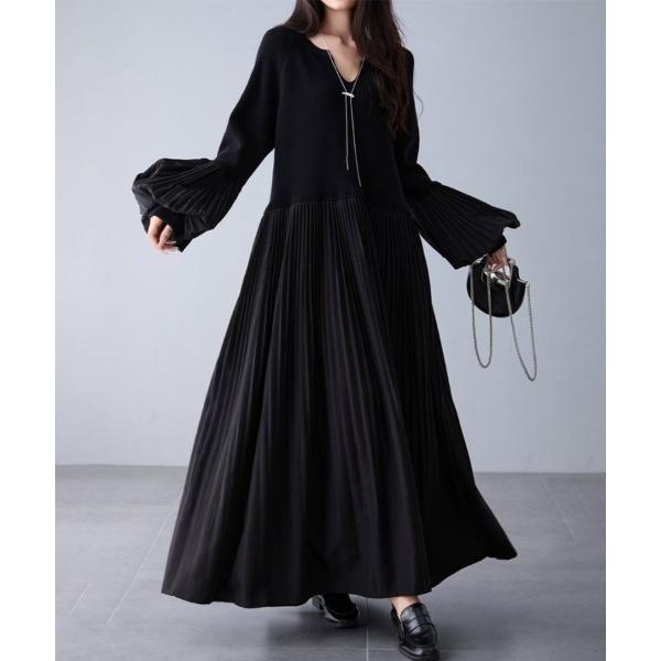 ワンピース 異素材プリーツ切替ニットワンピース