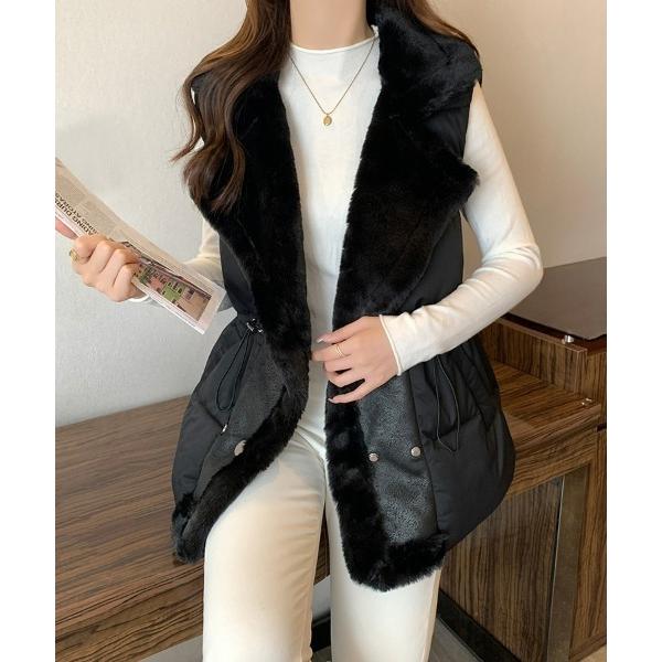 ダウンベスト ベスト 中綿オーバーサイズベスト エコファー裏地ドローコードダブルボタン中綿ベスト オ...