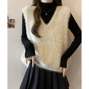 ベスト ジレ ファーベスト Vネック シャギーニットベスト オフィスカジュアル きれいめカジュアル レディース韓国 レディース