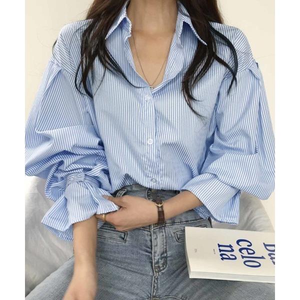 ブラウス シャツ ストライプ柄バルーンスリーブシャツ レディース