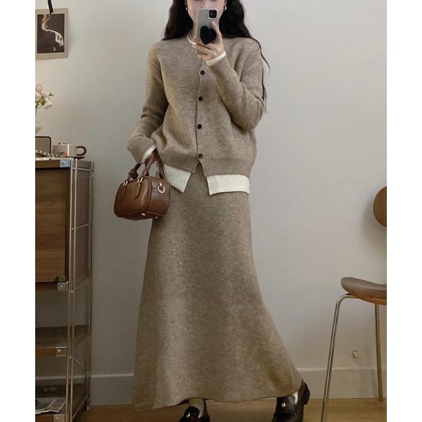 セットアップ フェイクレイヤードニットトップス+スカートセットアップ レディース