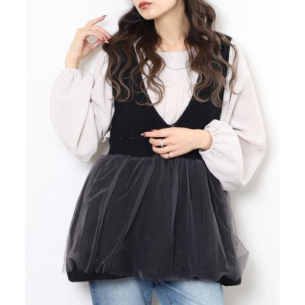 ベスト ジレ ニット×チュールVネックペプラムベスト レディース