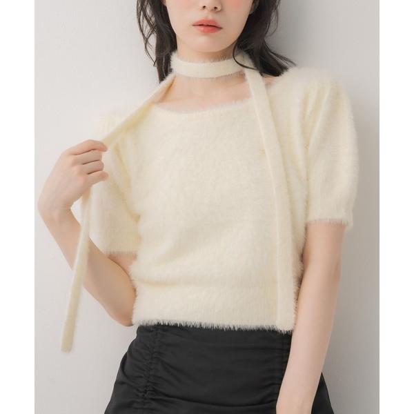 ニット セーター タイ付き半袖シャギーNTPO レディース