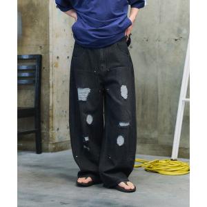 ワイドパンツ ジーンズ ヒゲ加工バギーデニム メンズ レディース