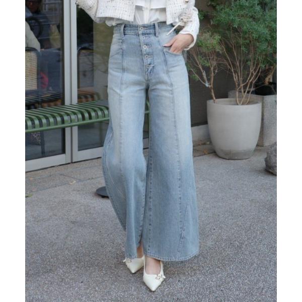 ジーンズ デニム デニムパンツ フロントボタンデザインハイウエストデニムパンツ 秋服　冬服 レディー...