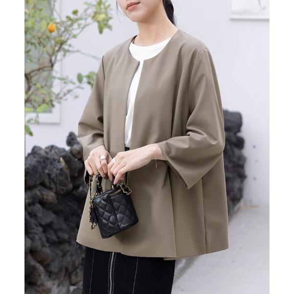 ジャケット ノーカラージャケット 七分袖ペプラム風ラウンドネックジャケット レディース