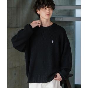 セーター ニット 新色追加 U.S. POLO ASSN. ユーエスポロアッスン 別注コラボ オーバーサイズワンポイントロゴ刺繍畦編みクルーネック長袖ニットセーター
