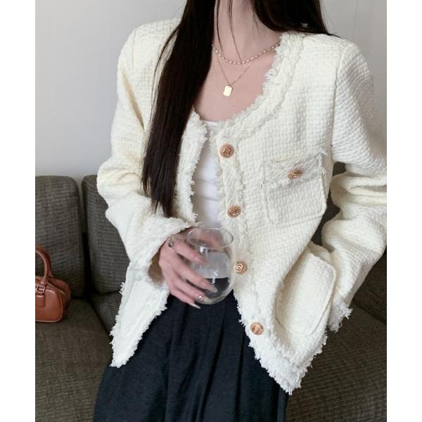 ジャケット ノーカラージャケット 「25年秋冬新作」フリンジツイードノーカラージャケット レディース