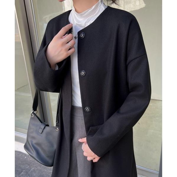 ノーカラーコート コート ふんわりシルエットノーカラーライトメルトンミドル丈コート　スナップボタン ...