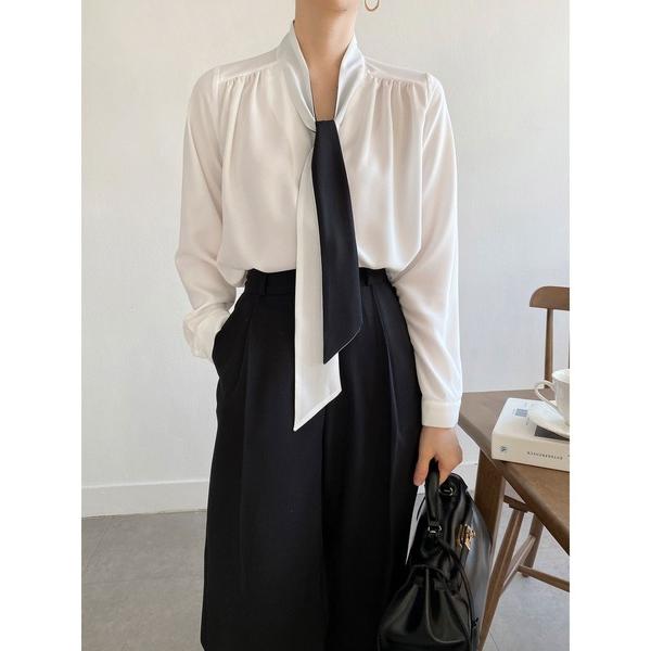 ブラウス シャツ Vネック配色タイブラウス レディース