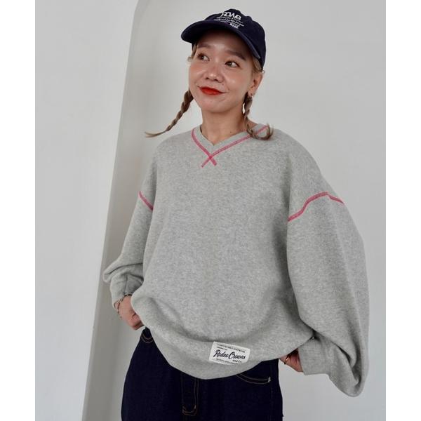 ニット セーター スウェットライク Vネックトップス レディース