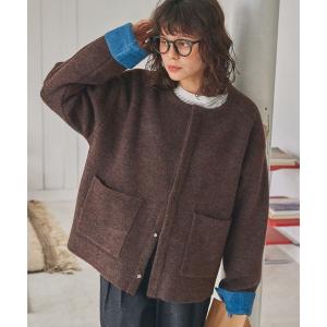 カーディガン ダブルフェイス配色ノーカラーニットカーディガン レディース