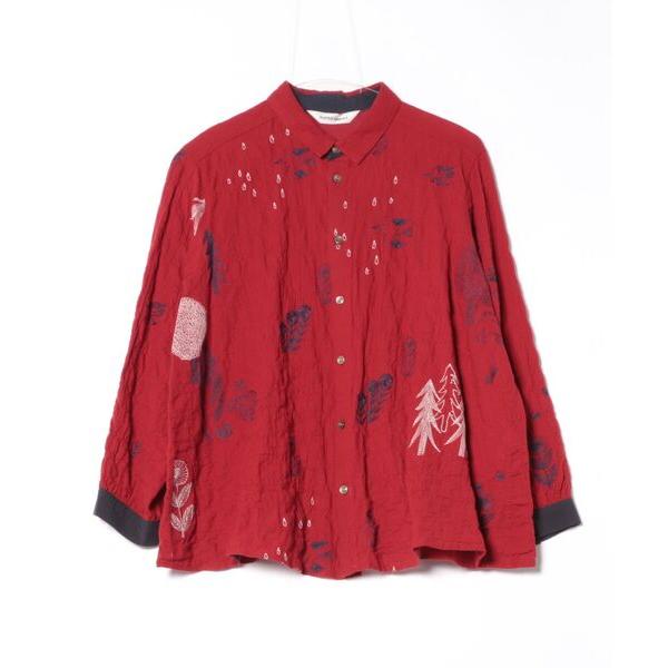 ブラウス シャツ SUPER　HAKKA×保坂優子　先染めコットンシャーリング「森と暮らす」刺繍ブラ...