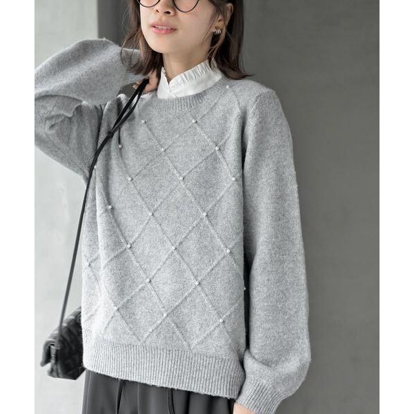 ニット セーター ダイヤ柄パール付きニットプルオーバー レディース