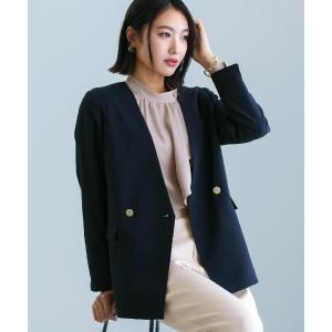 スーツ 「 洗える 」 ツイルノーカラーダブルジャケット レディース