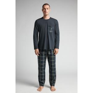 パジャマ コットン＆チェックプリントファブリック ロングパジャマ メンズ
