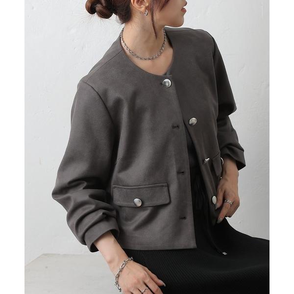 ジャケット ノーカラージャケット スエードポンチノーカラージャケット レディース