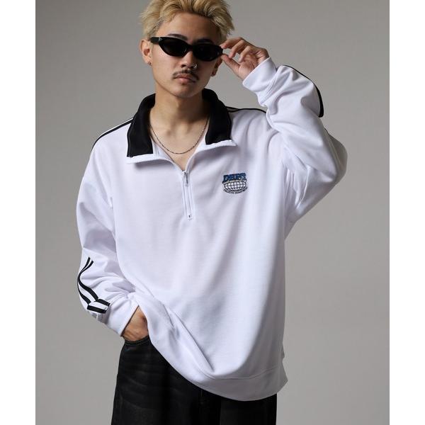トレーナー スウェット ダンボール素材　ワイドシルエット　ワンポイント刺繍　ハーフZIP メンズ レ...