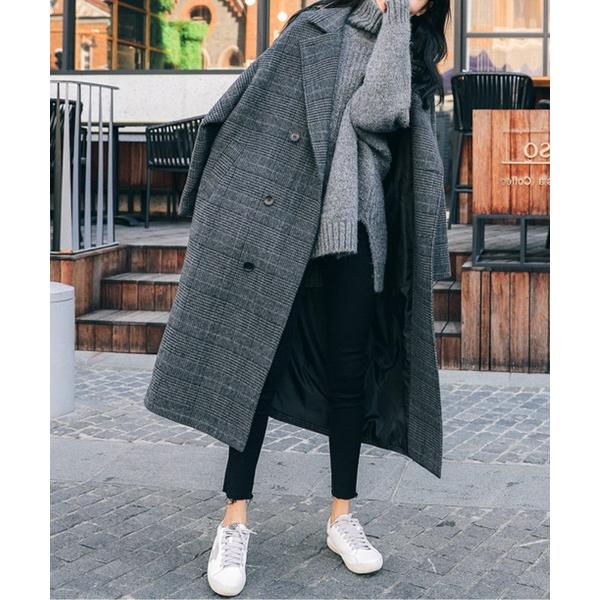 コート チェスターコート オーバーチェック柄ロングチェスターコート レディース