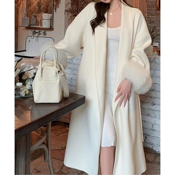 ノーカラーコート コート エコファーカフス付きウエストリボンロングコート レディース