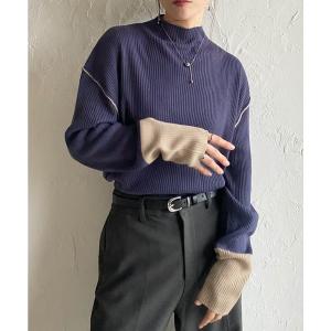ニット セーター 長袖配色バイカラー切り替えハイネックリブニットトップス レディース