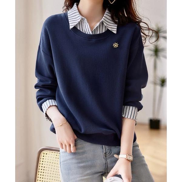 ブラウス シャツ ストライプシャツ×ニット MIXレイヤード風トップス レディース