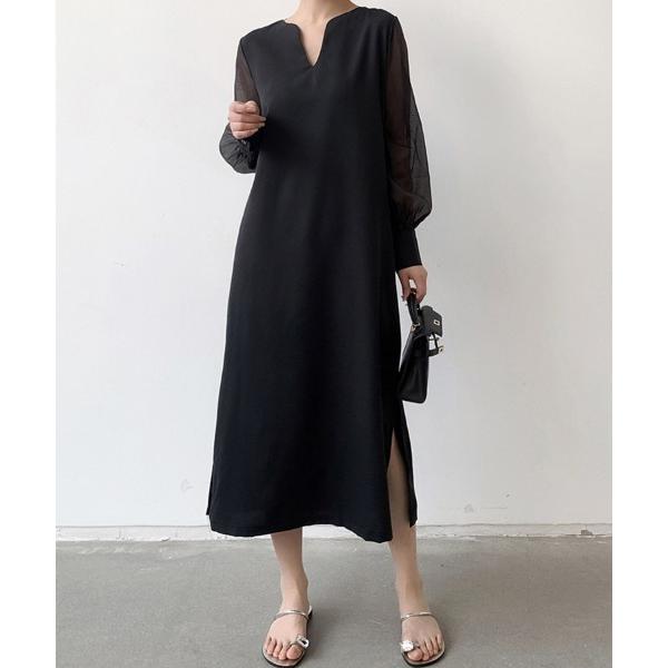 ワンピース シアースリーブ切替スリット入りロングワンピース