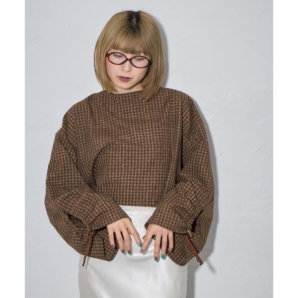 tシャツ チェック柄バックオープンフロントギャザートップス レディース