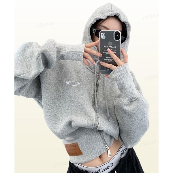 パーカー 韓国ファッション RICECAKEフェイクレザーラベルピグメント加工ダブルジップパーカー ...