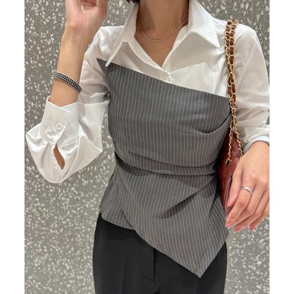 ブラウス シャツ ピンストライプビスチェ風ドッキングシャツブラウス レディース