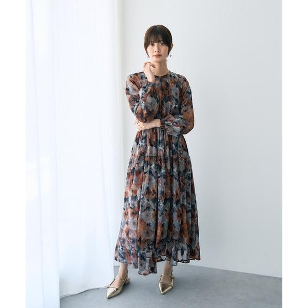 ワンピース ぼかしフラワー柄長袖ワンピース