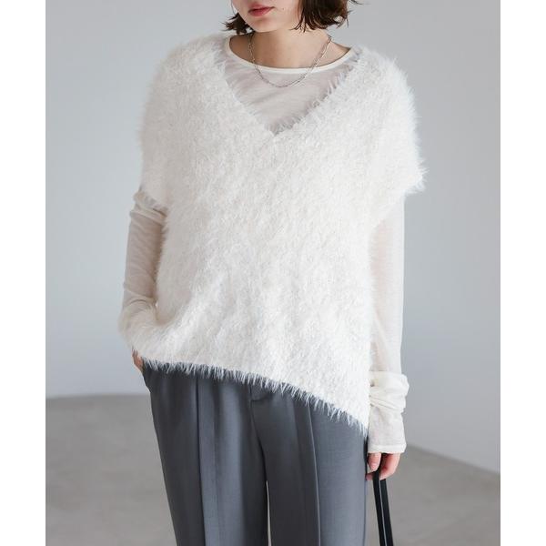 ベスト ジレ Vネックシャギーニットベスト レディース