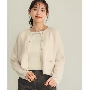 カーディガン ラクーン混袖口配色ニットジャケット レディース