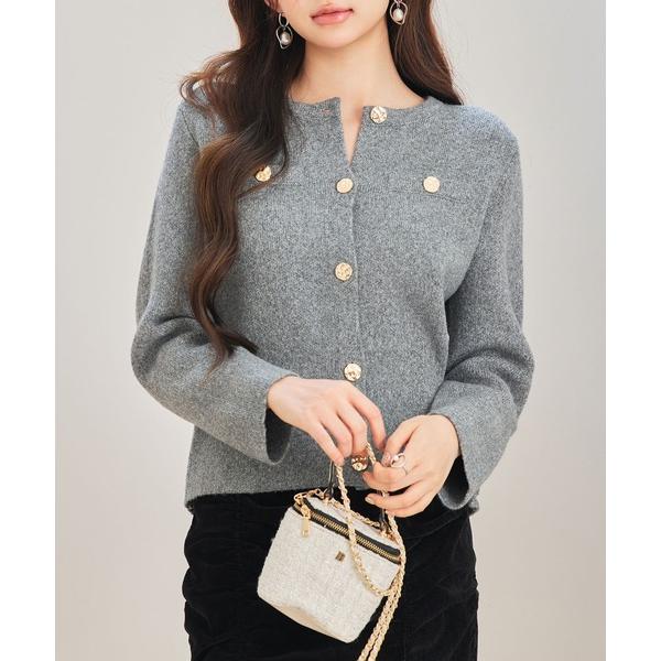 カーディガン レディース ノーカラーショート丈ニットカーディガン クルーネック ニットアウター レデ...