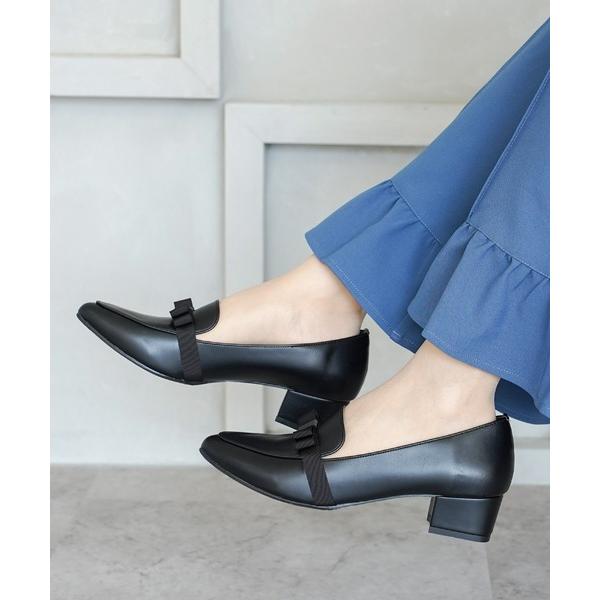 パンプス 晴雨兼用 グログランリボン ポインテッドトゥ ヒールローファー「日本製」