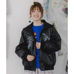 ブルゾン アウター ScoLar(スカラー) スカラーとキノコ刺繍 合皮ブルゾン レディース