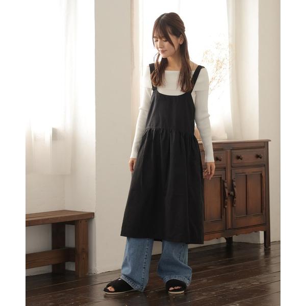 エプロン エプロン フレア ギャザー ワンピース風 リサイクルコットン