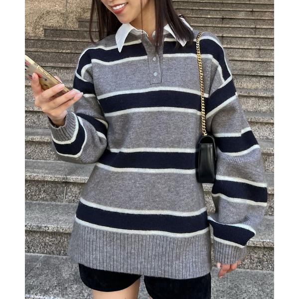 ニット セーター トレンドのシャツ襟がドッキングしたデザイン♪7Gアルパカタッチ(真冬も)＋ブロード...