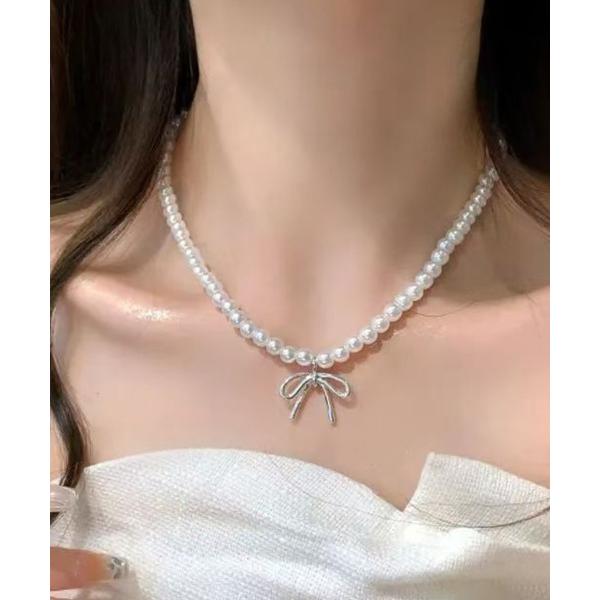 ネックレス パール×リボンモチーフクラシカルネックレス レディース