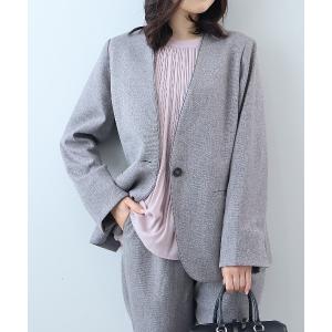 ジャケット ノーカラージャケット 「セットアップ・ウォッシャブル・アンチピリング」「L〜5L 大きいサイズ」ウール調シャークパイピングノーカラージャケ