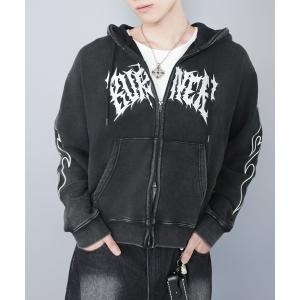 パーカー 短丈ダブルジップパーカー/グランジ/刺繍袖ロゴ/ショート丈 メンズ レディース