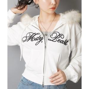 パーカー ショート丈ロゴジップパーカー/フェイクファー レディース