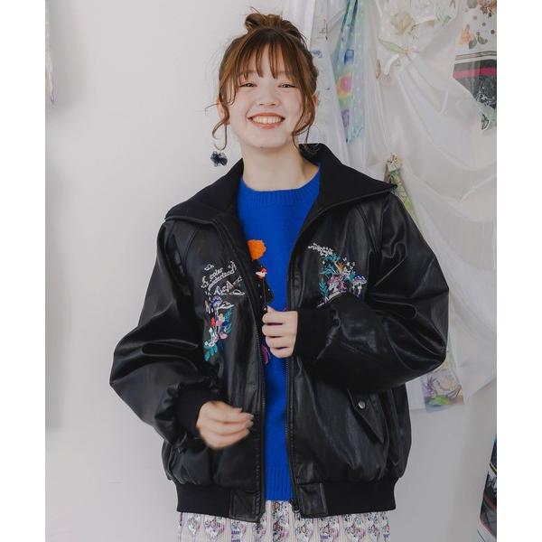 ブルゾン アウター 153635：スカラーとキノコ刺繍 合皮ブルゾン レディース